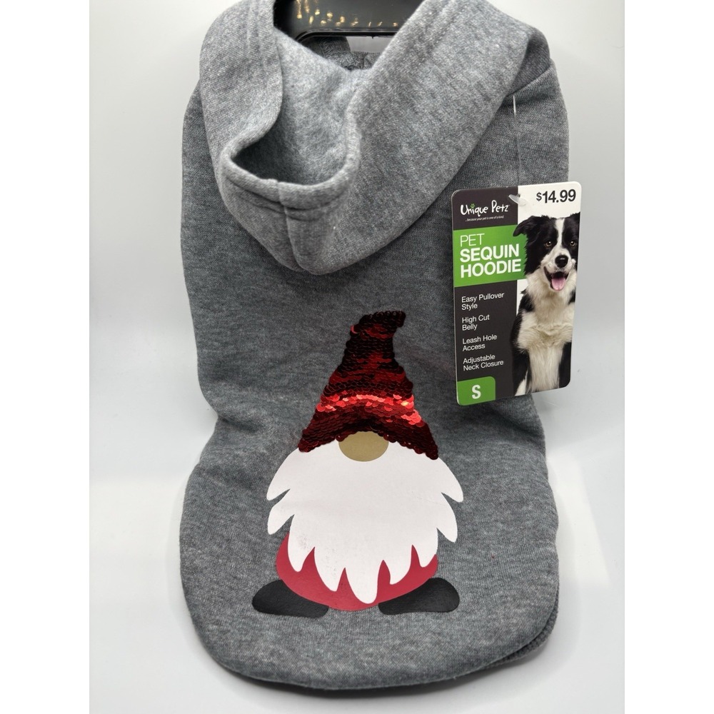 NWT Gray Pet Christmas Gnome Sequin Hoodie w Leash Hole‎ Access - Size Small